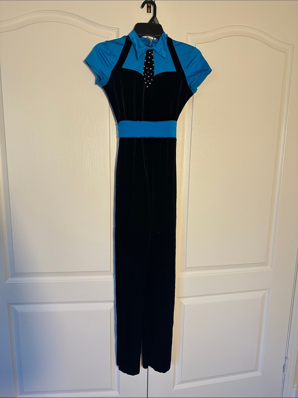 Turquoise and black velvety dance jumpsuit costume. Adult Small